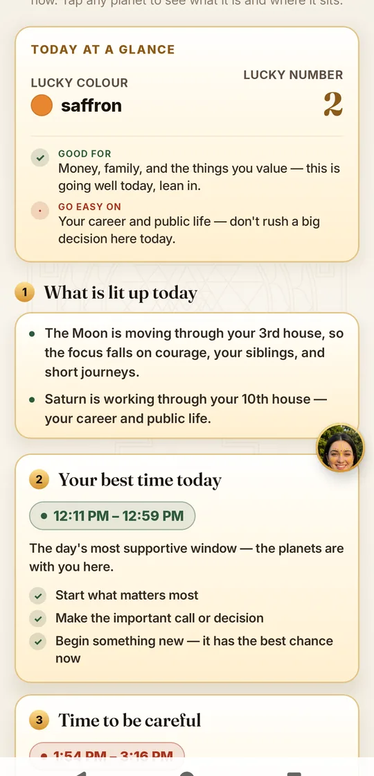 ShukrAI daily reading: what is lit up today, best time and time to be careful