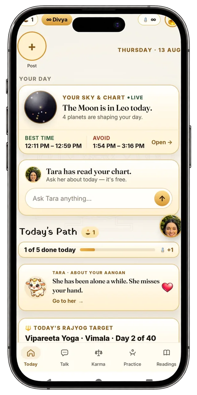 ShukrAI app home screen on a phone — today's live sky, best time, Rahu Kaal and Tara