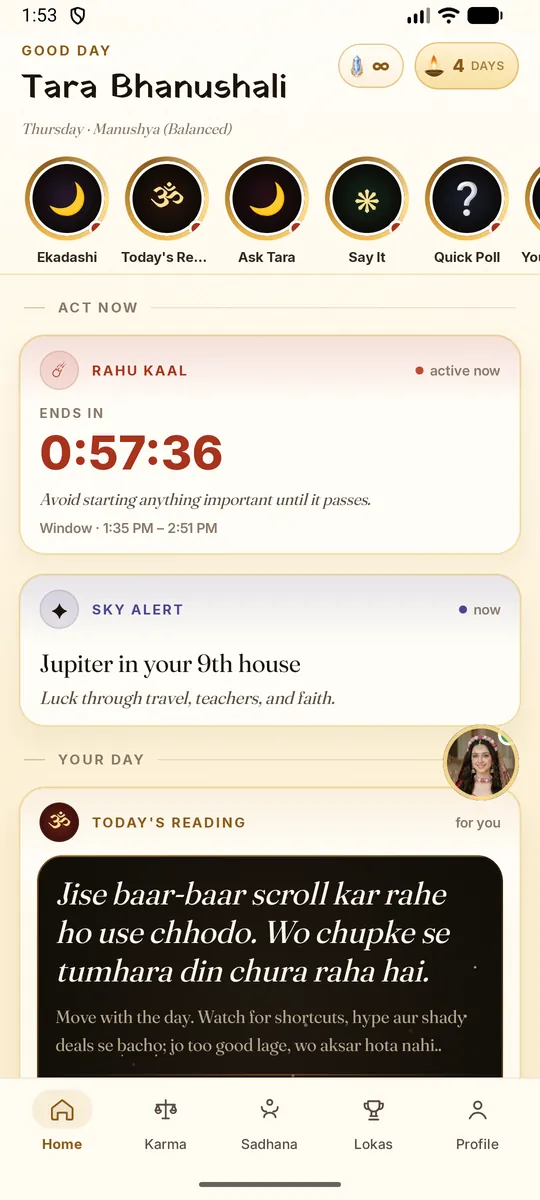 ShukrAI app home screen with today's reading, Rahu Kaal and sky alerts