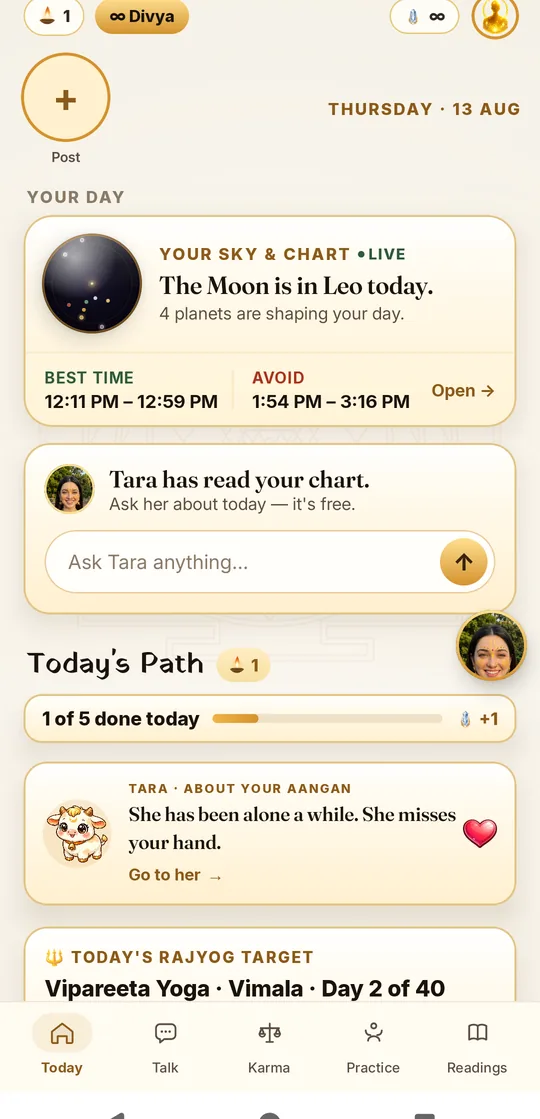 ShukrAI Today home with the live sky card, best time, Rahu Kaal, Tara's type bar and Today's Path