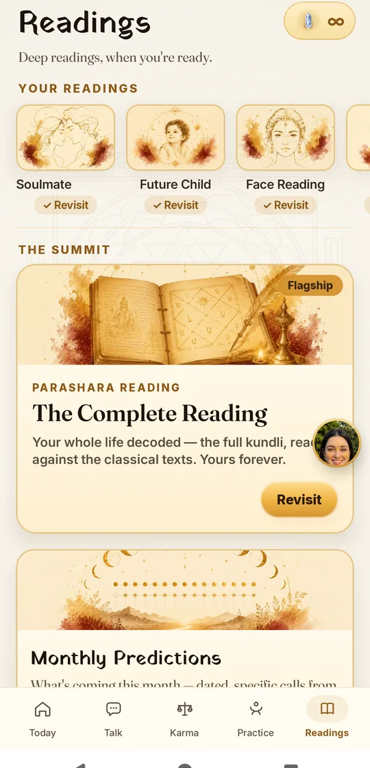 ShukrAI Readings hub with Parashara flagship, Soulmate, Future Child and more