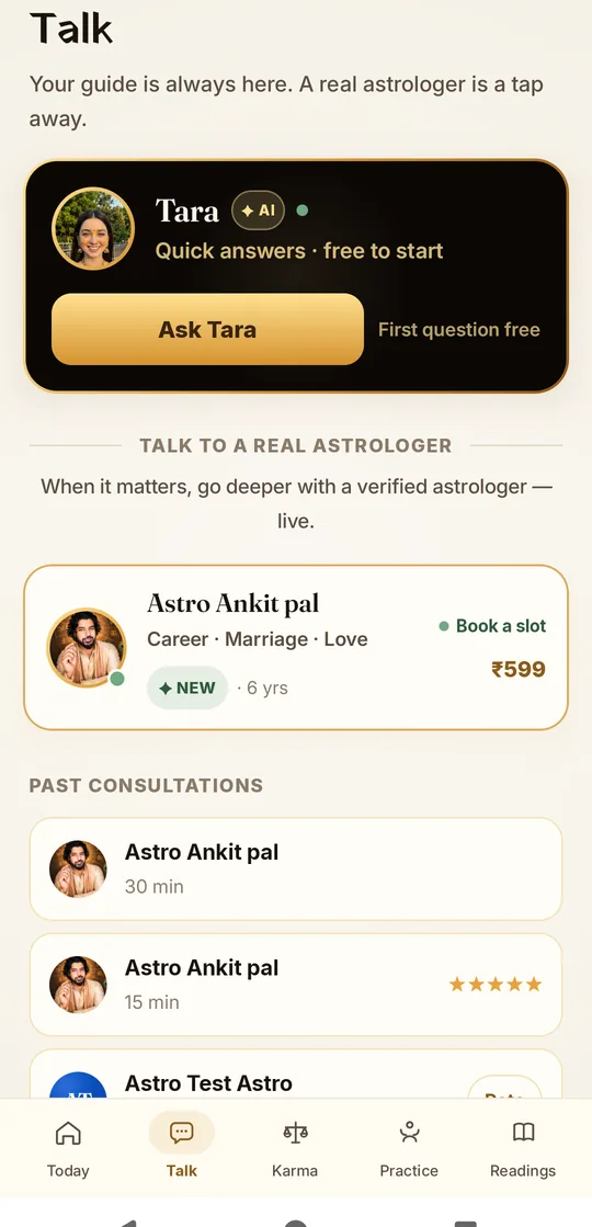 ShukrAI Talk tab with Tara the AI astrologer and verified human astrologers with rupee pricing and slot booking