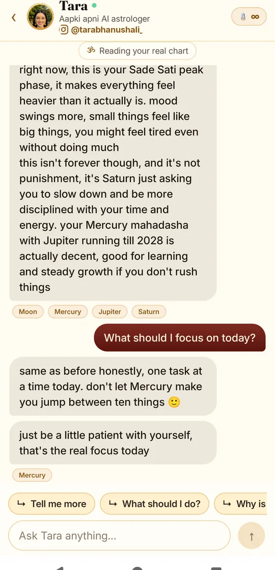 A full question-and-answer exchange with Tara