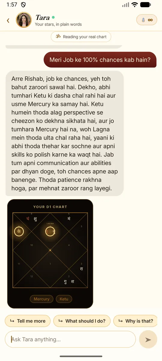 Tara, the AI astrologer in ShukrAI, answering a question about career on the user's real chart