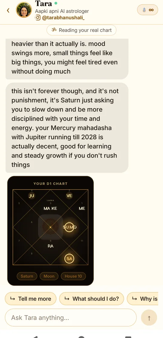 Tara, the AI astrologer in ShukrAI, explaining Saturn on the Moon and showing the user's D1 chart inside the chat